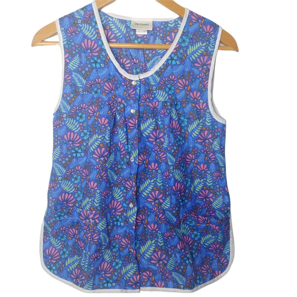 CW Classics Women M Smock Blue Pink Floral Sleeveless Pearl Snap Work Apron Top